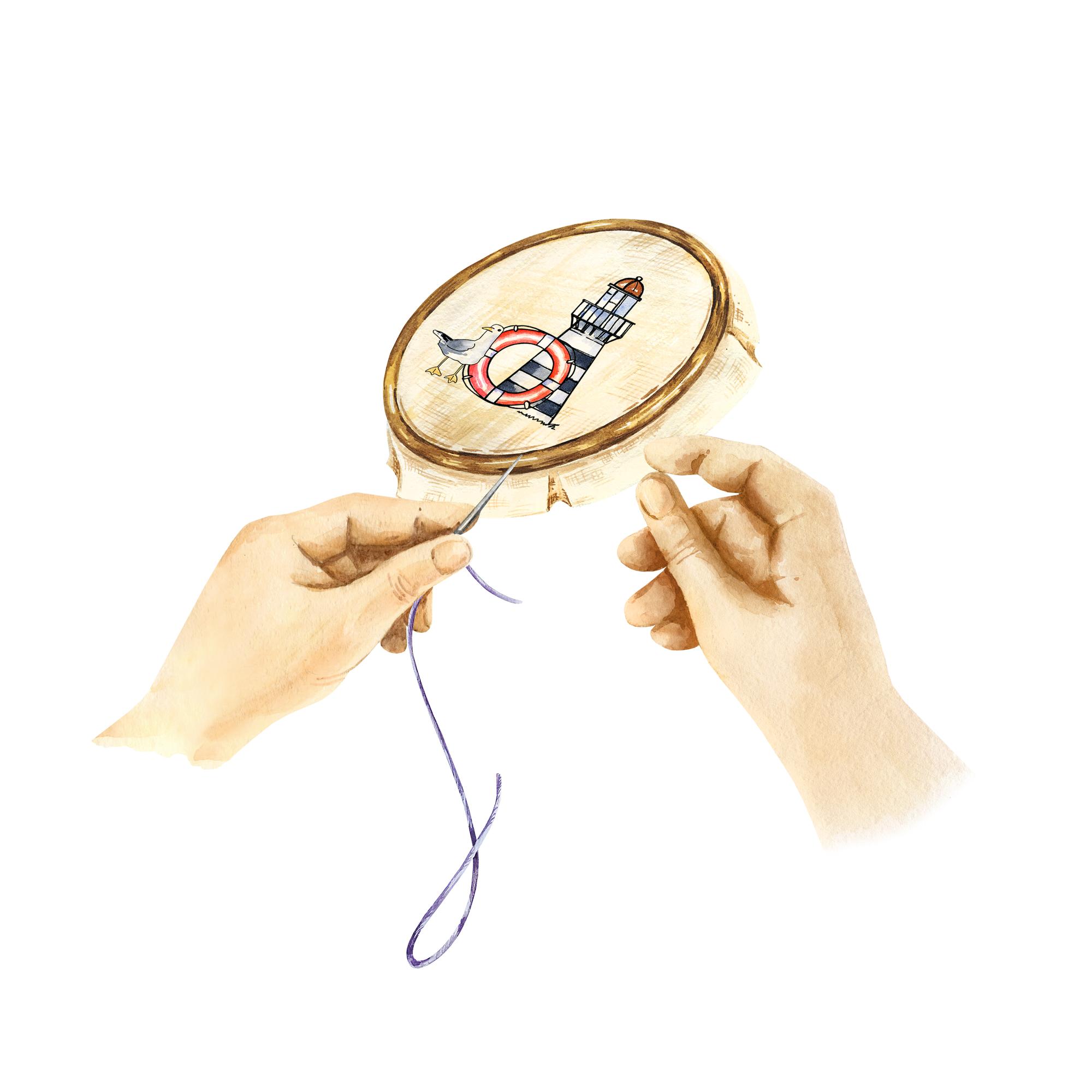 Instructor demonstrating hand embroidery on hoop
